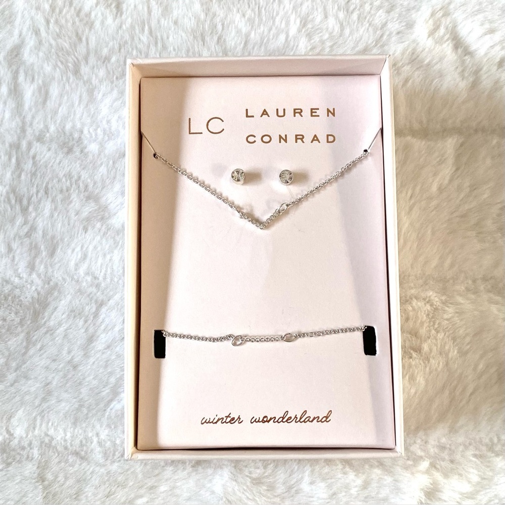 LC Lauren Conrad Silver Crystal Necklace and Bracelet with Stud Earrings Set